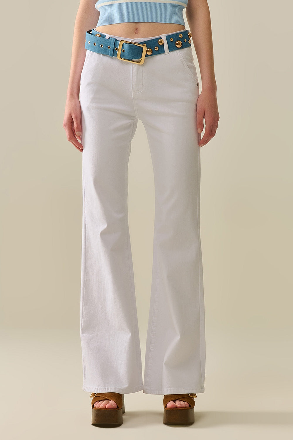 Q2 Pantalon Évasé Blanc Confortable et Extensible